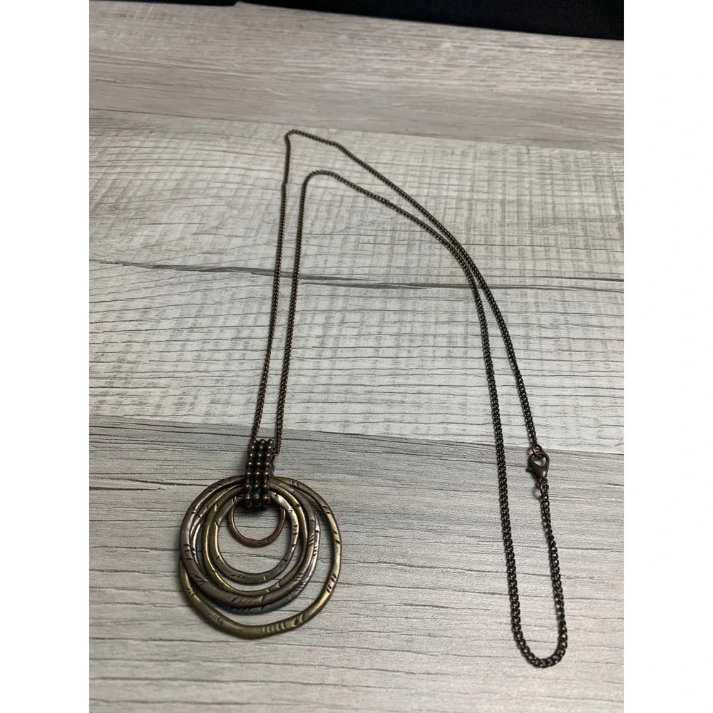 Mixed Metal Multi Ring Pendant Necklace Long Bronze Chain Boho Hammered 32 Inch